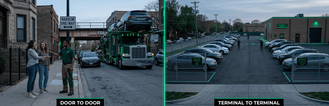 Split view of a carrier delivering on a Chicago street door to door versus cars parked at a terminal lot