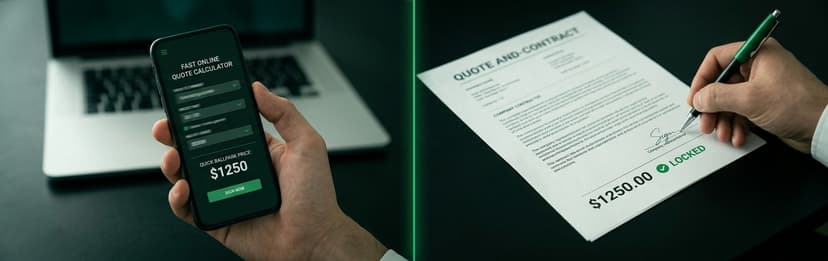 Split view of an instant $1,250 online quote on a phone and a signed contract for $1,250