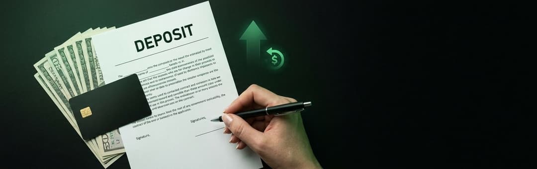 Hand signing a deposit form beside a stack of cash and a credit card with a refund arrow