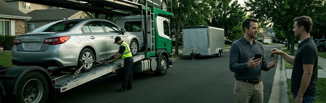 Sedan loaded onto a carrier while the buyer and private seller talk on a residential street