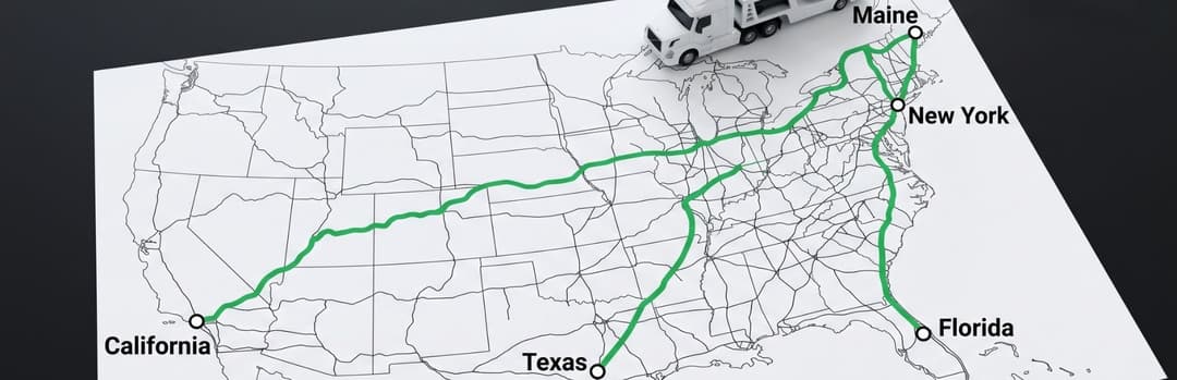 US map with green routes from Maine to California, Texas, Florida and New York