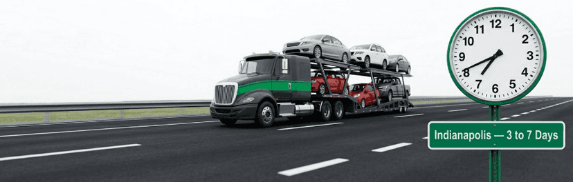 Loaded car carrier on a highway beside a clock and a sign reading Indianapolis 3 to 7 days