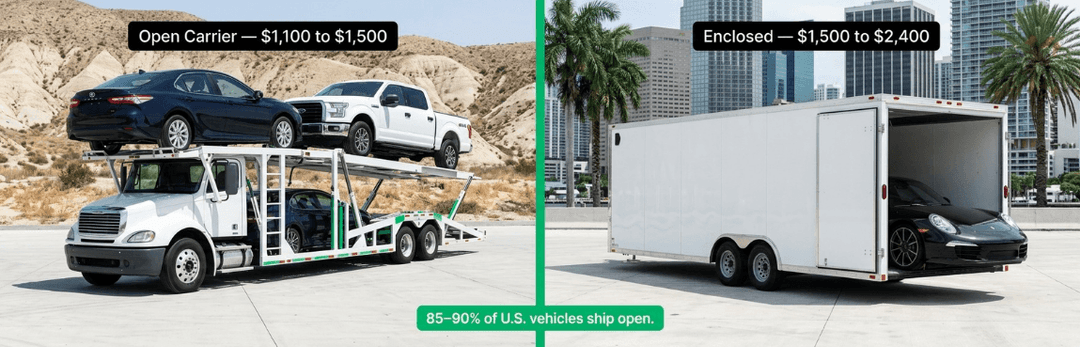 Open carrier at $1,100 to $1,500 beside an enclosed trailer at $1,500 to $2,400; 85 to 90% of US vehicles ship open