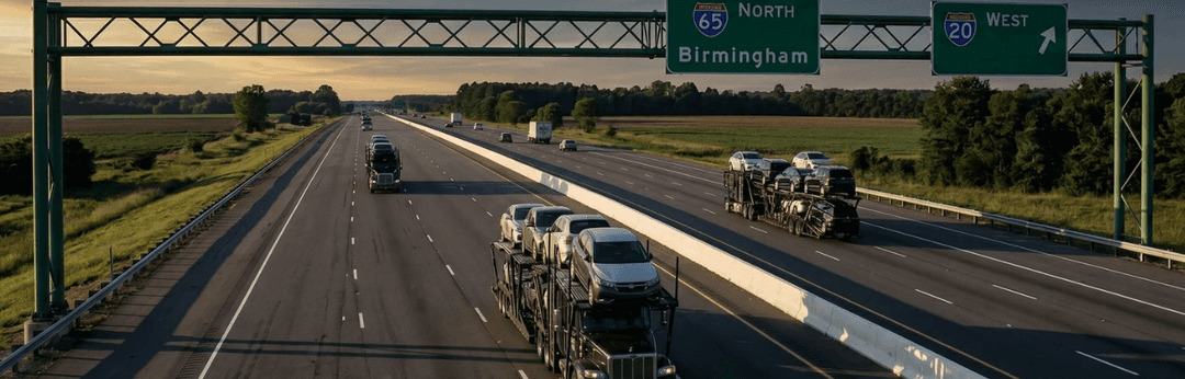 Car carriers driving an Alabama interstate under overhead signs pointing north to Birmingham