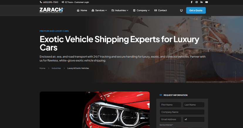Zarach Logistics homepage reading Exotic Vehicle Shipping Experts for Luxury Cars, with a red sports car and quote form