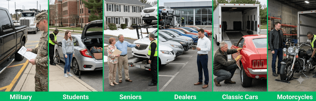Six NH shipper groups in panels: military, students, seniors, dealers, classic car owners and motorcycle riders
