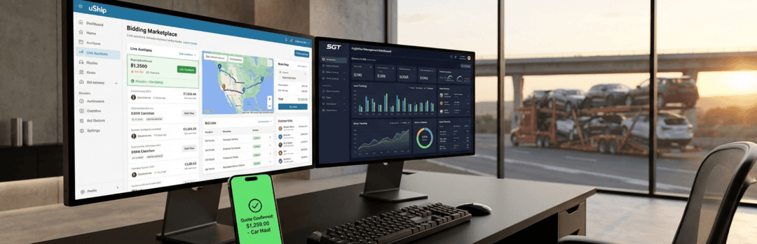 Desktop monitors showing a shipment tracking map and analytics dashboard in a carrier yard office
