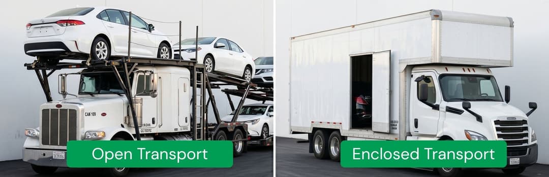 Side-by-side open transport car carrier and white enclosed transport truck