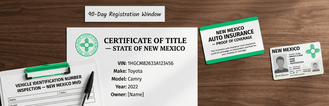 New Mexico certificate of title, auto insurance card, VIN inspection form and a 90-day registration note