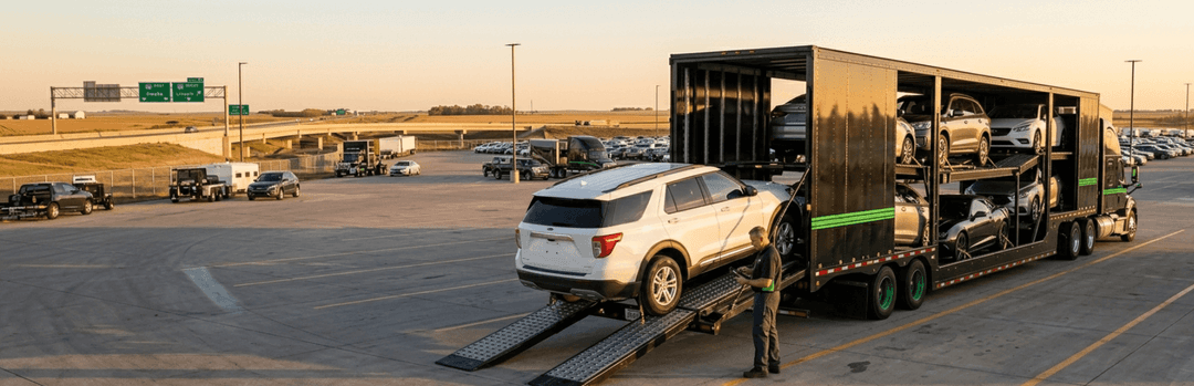 White SUV rolling down the ramp of an enclosed car carrier at a highway rest area at dusk
