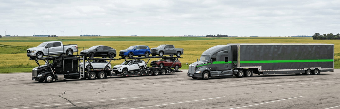 Open car carrier loaded with SUVs and pickups next to a green-striped enclosed trailer on a prairie road