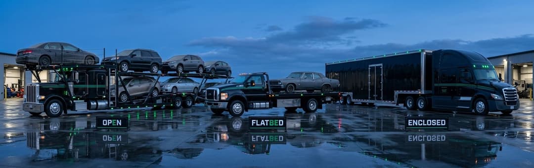 Open car carrier, flatbed and enclosed trailer parked side by side in a lot at dusk