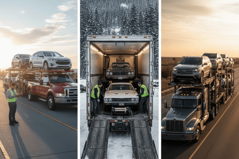 Three hauler setups side by side: a pickup towing a 3-car wedge, an enclosed trailer and a 9-car semi carrier