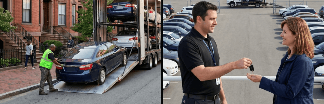 Sedan rolling off a carrier on a Boston street beside a driver handing car keys to a customer