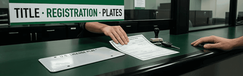 Hands passing a title and registration form across a DMV counter under a Title Registration Plates sign