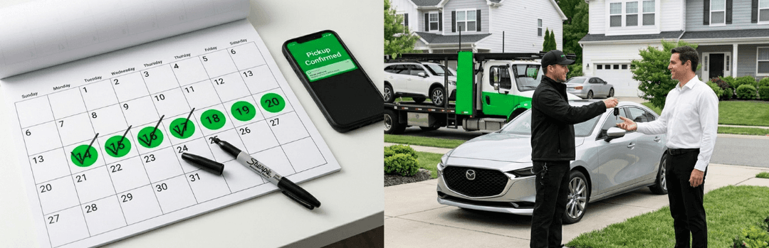 Calendar with a flexible week of pickup dates checked off next to a driver handing car keys to a customer