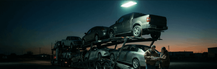 Loaded car carrier at dusk with a driver and a customer reviewing papers beside it