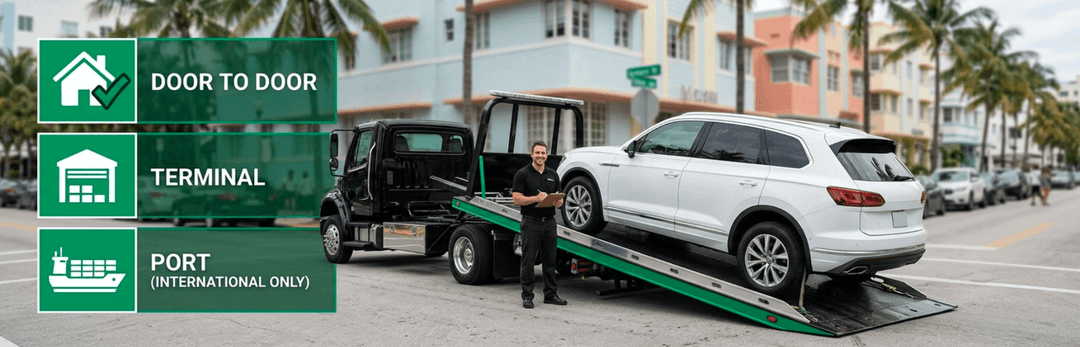 Driver unloading a white SUV from a tow truck on a Miami street, with options door to door, terminal and port
