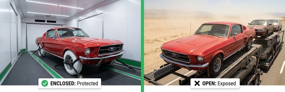 Red classic Mustang protected in an enclosed trailer next to the same car exposed on an open carrier