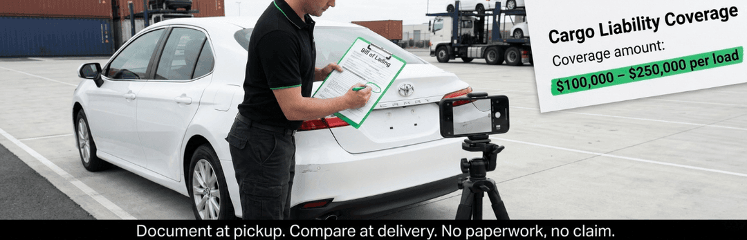 Inspector photographing a white sedan at pickup, with cargo liability coverage of $100,000 to $250,000 per load
