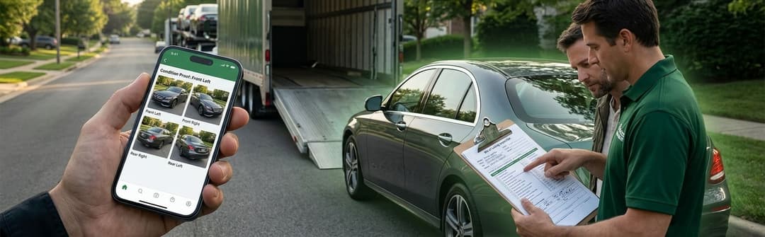 Phone showing photos of a sedan as a carrier driver inspects the car and fills in a condition report