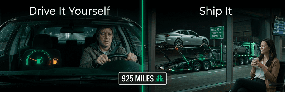 Driver tired at the wheel on a 925-mile drive compared with a woman relaxing while her car ships on a carrier