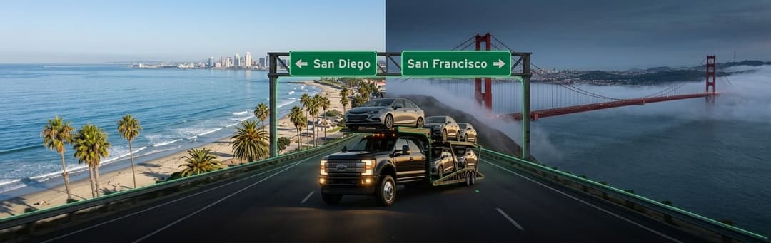 Car carrier under signs splitting to San Diego along a palm-lined coast and San Francisco by the Golden Gate