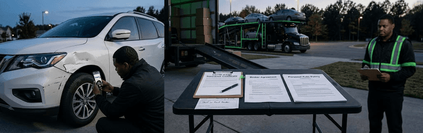 Man checking a scratched white SUV beside an inspector holding a clipboard next to claim papers on a table