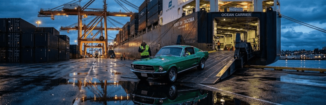 Green classic car driving off a cargo ship ramp at the Port of Tacoma at dusk, guided by a worker in a safety vest