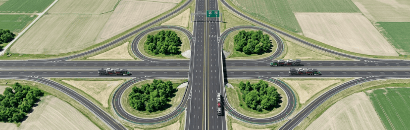 Aerial view of a cloverleaf highway interchange surrounded by farm fields near Indianapolis