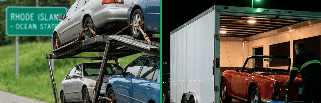 Open carrier beside a Rhode Island Ocean State sign next to a red classic car inside an enclosed trailer