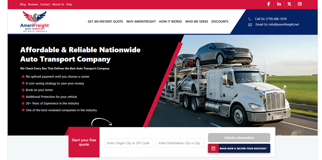 AmeriFreight homepage headline Affordable and Reliable Nationwide Auto Transport Company with a quote form