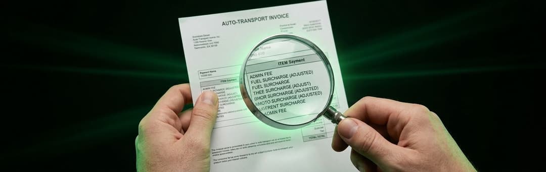Hands holding a magnifying glass over the fine print of an auto transport contract to find hidden fees