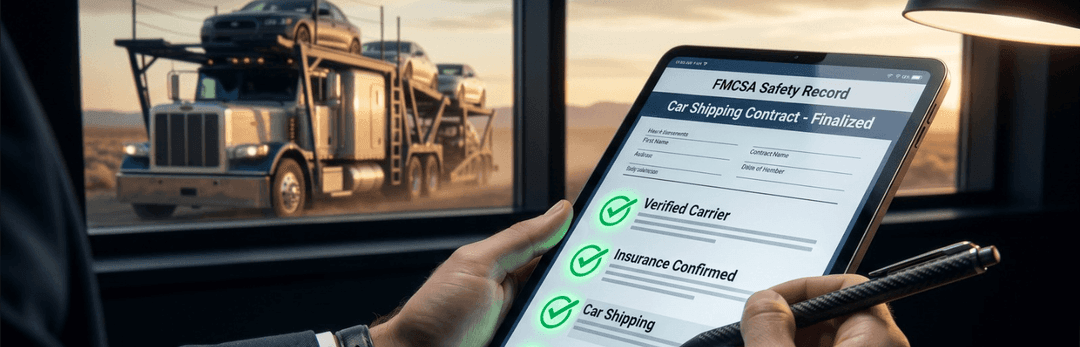 Hand holding a tablet with an FMCSA safety record checklist and a car carrier seen through the window