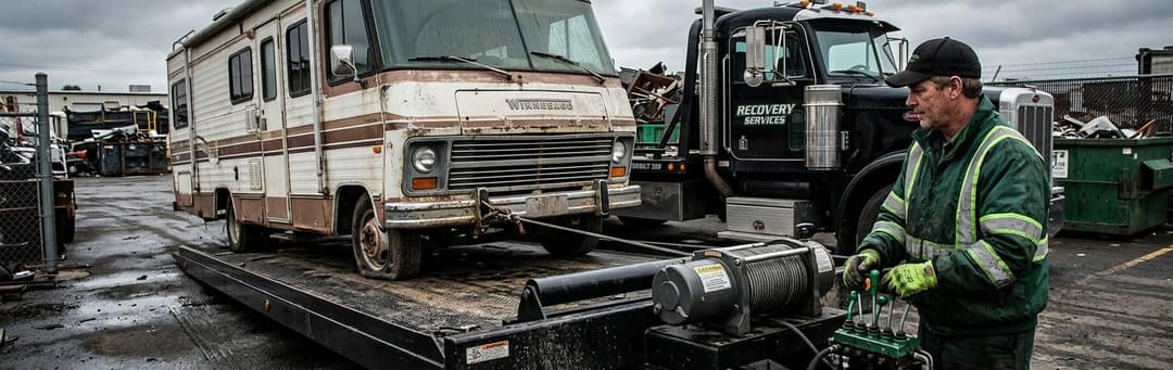 Worker winching an old, non-running motorhome onto a flatbed trailer in a salvage yard