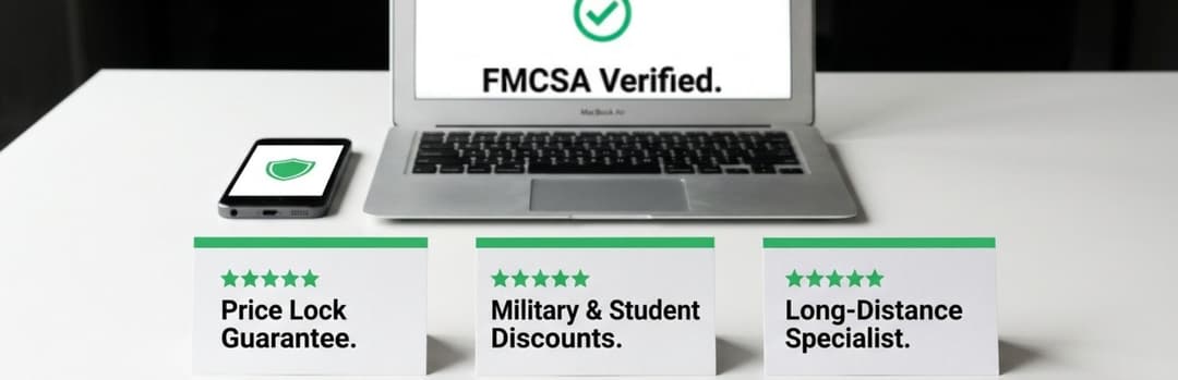 Laptop marked FMCSA verified above cards for price lock, military and student discounts, long distance