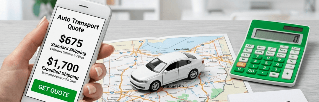 Phone showing auto transport quotes of $675 standard and $1,700 expedited beside a map, toy car and calculator