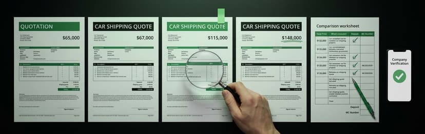 Four car shipping quotes laid side by side with a magnifying glass and a checklist on a phone