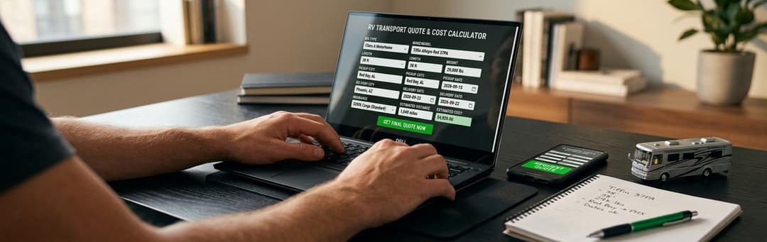 Hands typing on a laptop showing an RV transport cost calculator, a toy RV on the desk