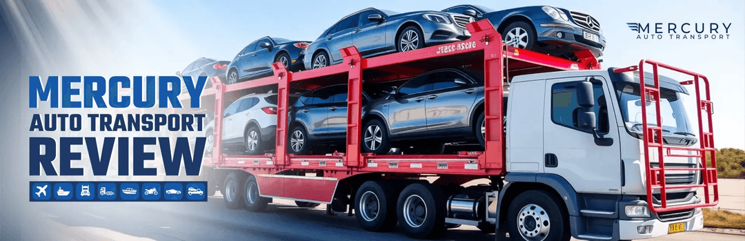 Mercury Auto Transport review banner showing a red multi-car carrier truck loaded with SUVs and sedans