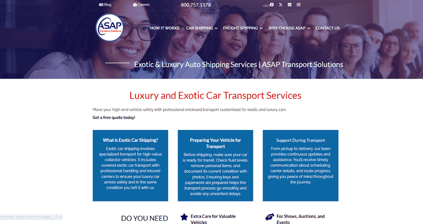 ASAP Transport Solutions webpage for luxury and exotic car transport services with three blue info panels