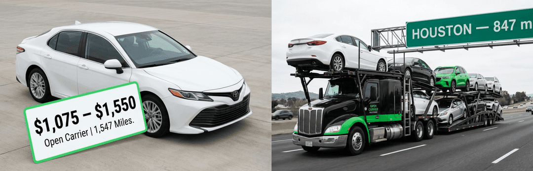 White sedan with a $1,075 to $1,550 open carrier price tag next to a carrier under a Houston sign