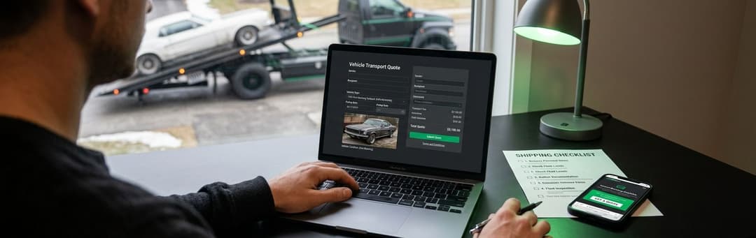 Person at a laptop filling in a non-running car quote, a car being towed outside the window