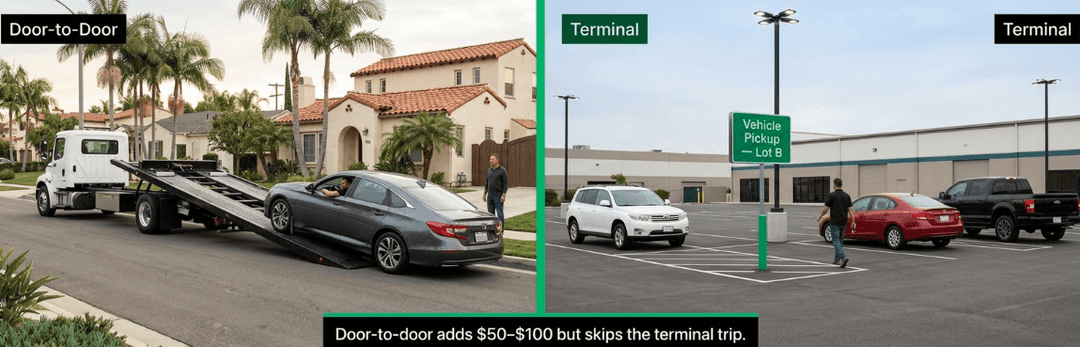 Door-to-door delivery at a Spanish-style LA home versus a terminal lot; door-to-door adds $50 to $100