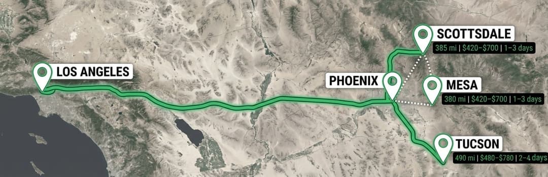 Map of the route from Los Angeles to Phoenix with branches to Scottsdale, Mesa and Tucson