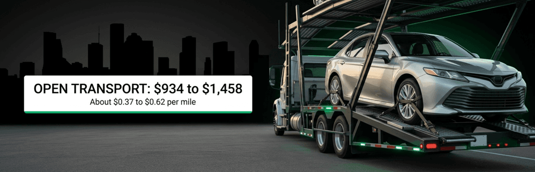Open car carrier with a silver sedan and label Open Transport $934 to $1,458, about $0.37 to $0.62 per mile