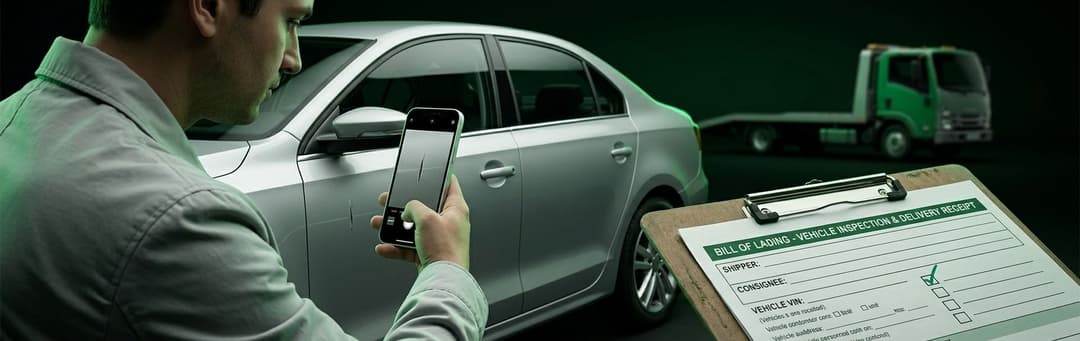 Man photographing damage on a silver car with his phone, a claim form clipboard and car carrier nearby