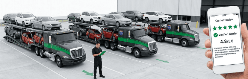 Row of car carrier trucks with a driver and a phone showing a verified carrier review rated 4.8 out of 5