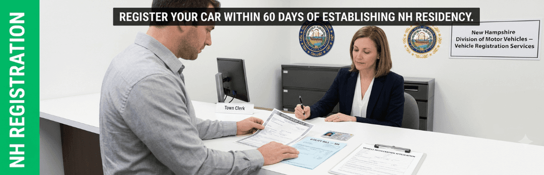 Man registering his car with a clerk at the New Hampshire DMV, with a note to register within 60 days of residency
