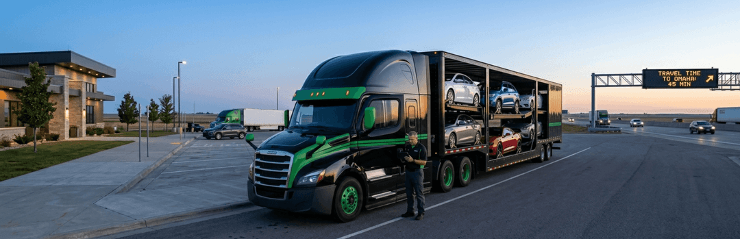 Black and green enclosed car carrier stopped at a roadside pull-off with its driver beside the cab